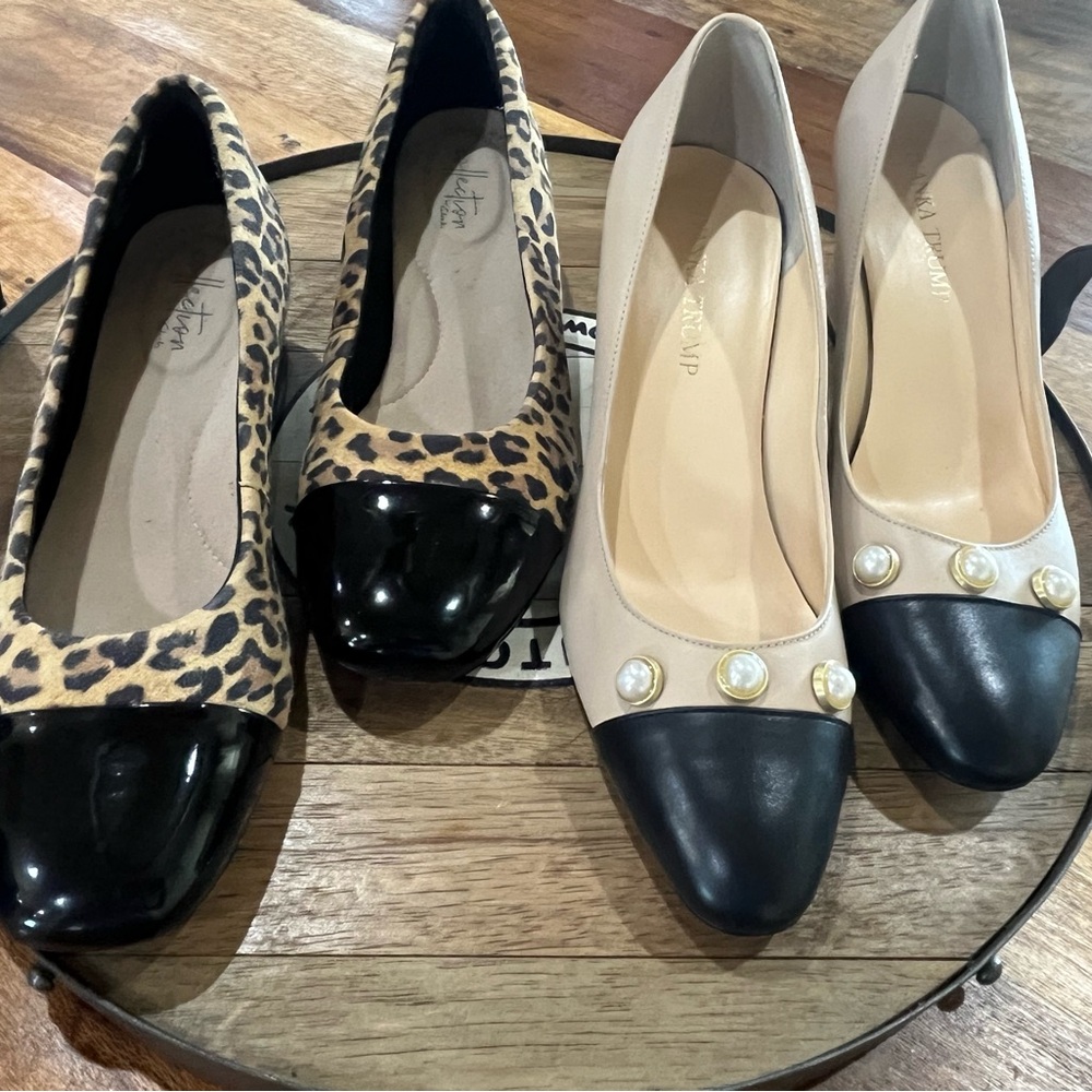 Clarks Brown and Black leopard Heels and I. Trump peal heels.